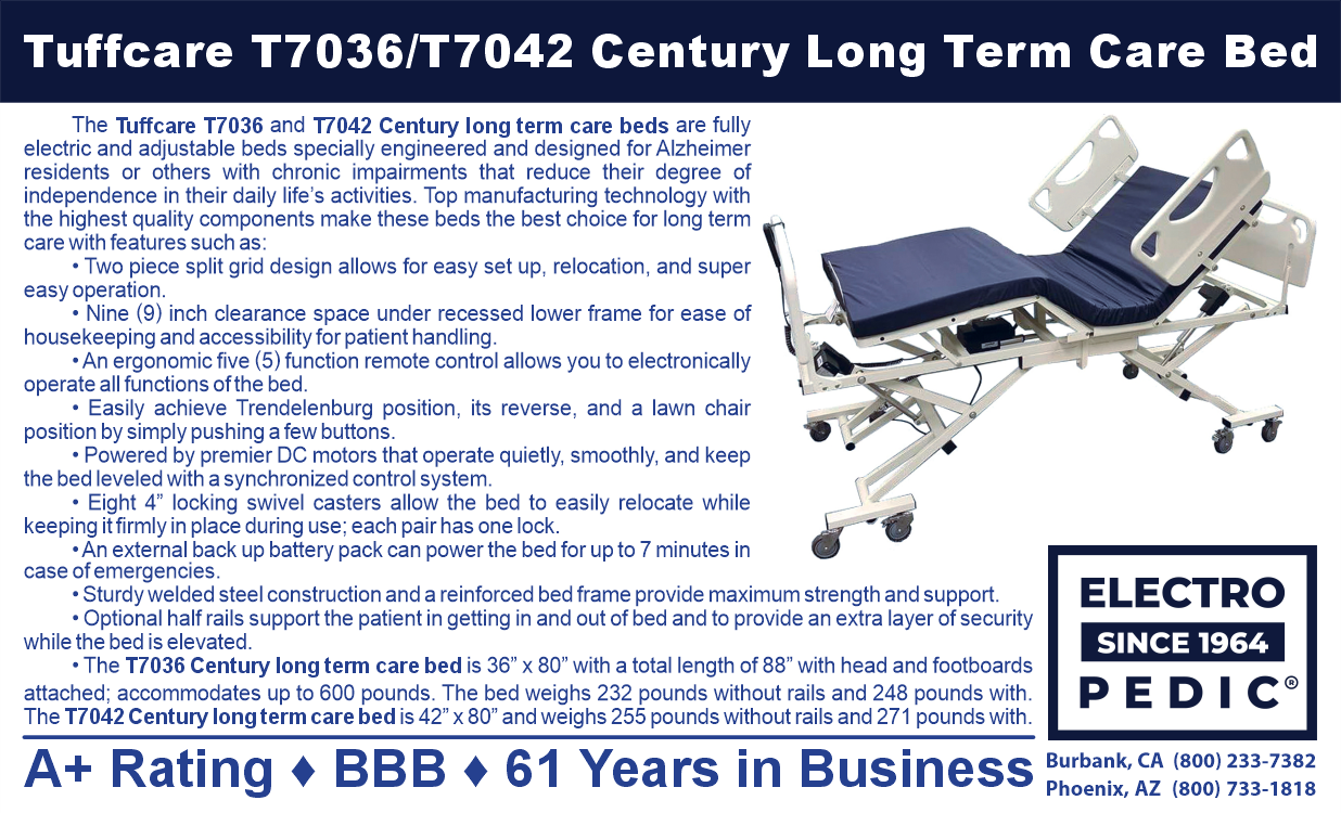 Burbank Electropedic Tuffcare T7036 and T7042 Century 5 Motor Electric Hospital Bed with Trandellenburg and Reverse Trendellenburg.