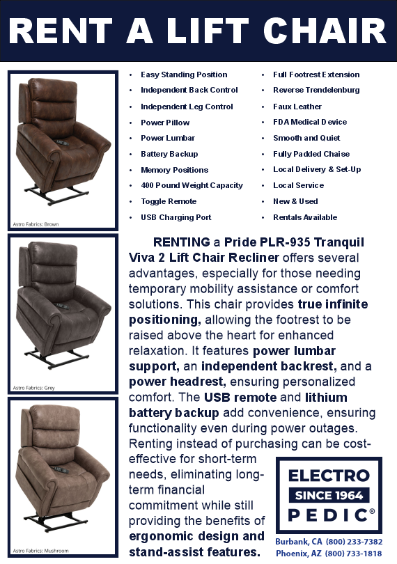 Los Angeles Electropedic rent an electric lift chair recliner by golden or pride